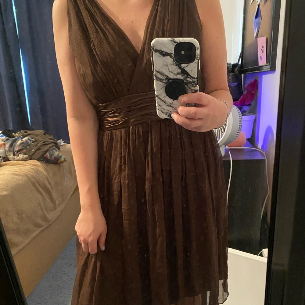 Maggie’s London brown chiffon dress with silk tie